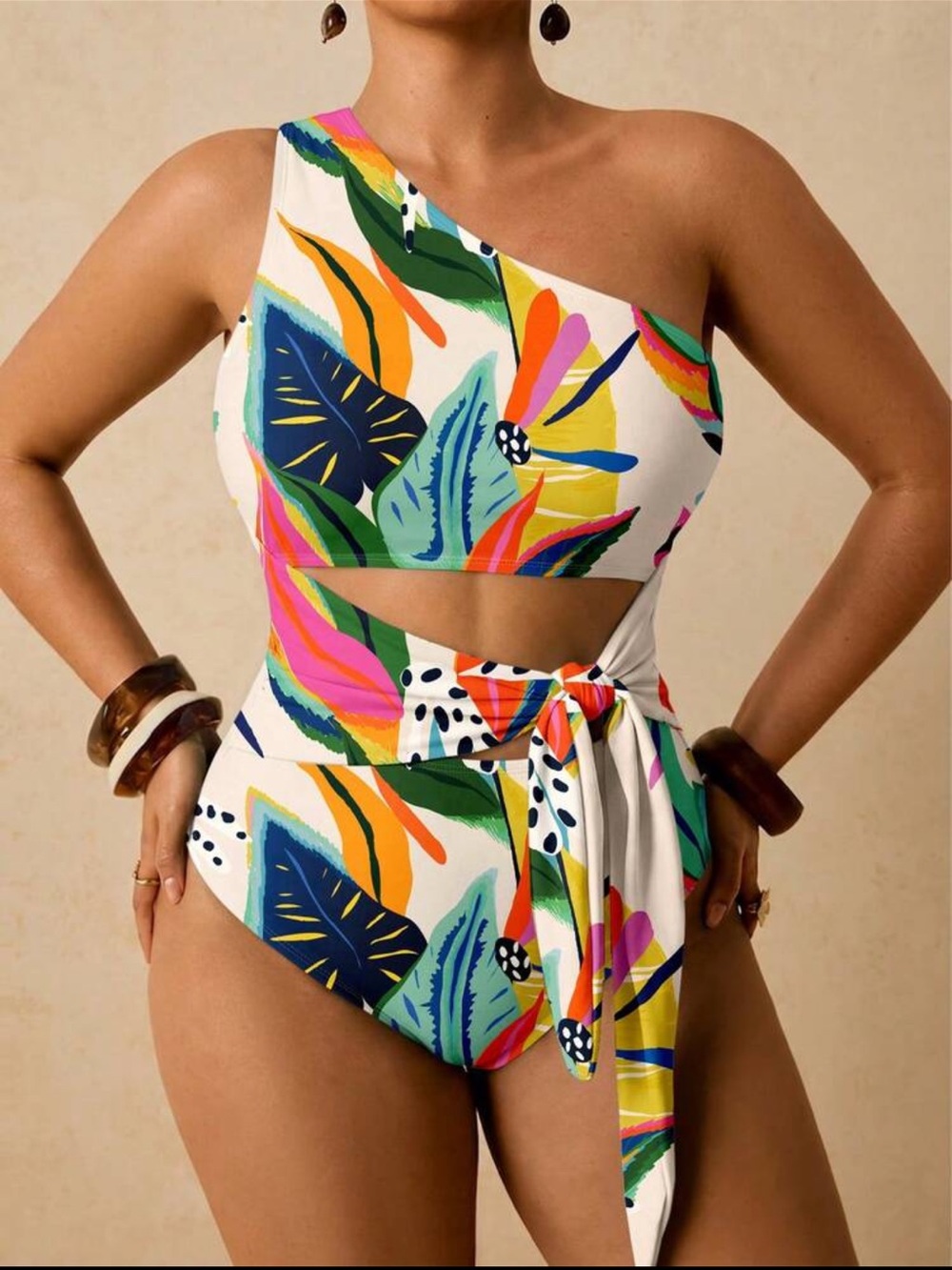One-Shoulder Cutout One-Piece Swimsuit in White Multi
